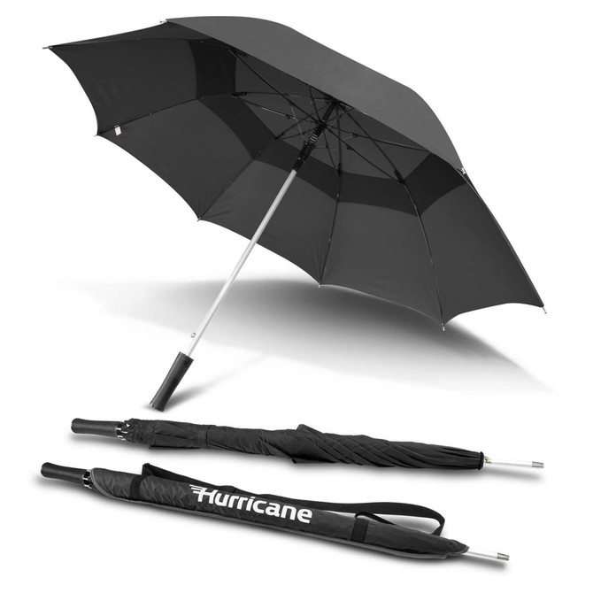 A black umbrella with a silver handle and a folding design, featuring a logo on the handle.