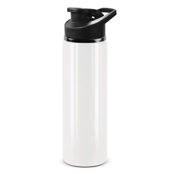 A drink bottle in white with a black snap cap and a sturdy design, featuring a logo on the side.