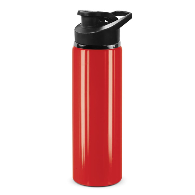 A drink bottle in a vibrant red colour with a black snap cap and a sleek, shiny finish. It features a logo.