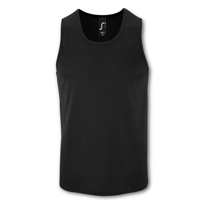 A black sporty men's tank top with a logo on the neck area.