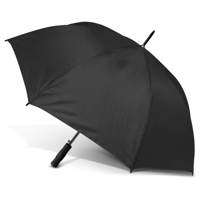 A black Pro-Am umbrella with a curved handle and a sturdy frame, featuring a branding logo.
