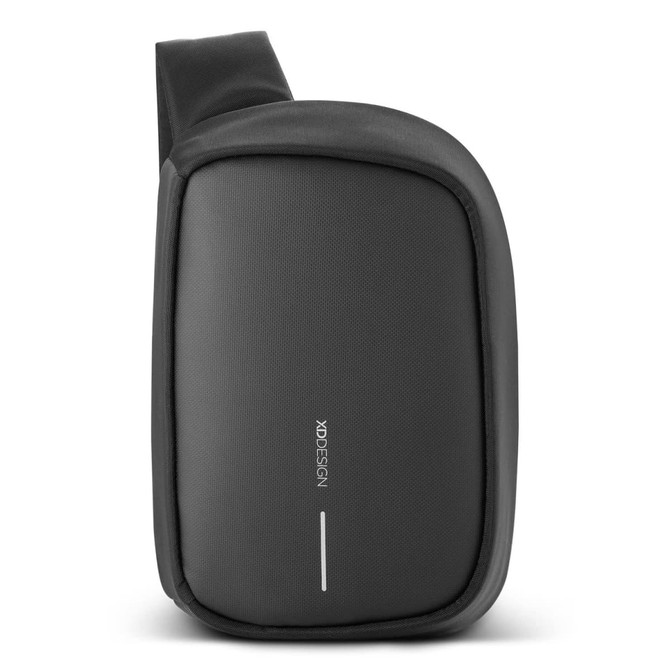 A sleek black sling bag with a smooth surface and a simple design. It features a strap for easy carrying and a logo.