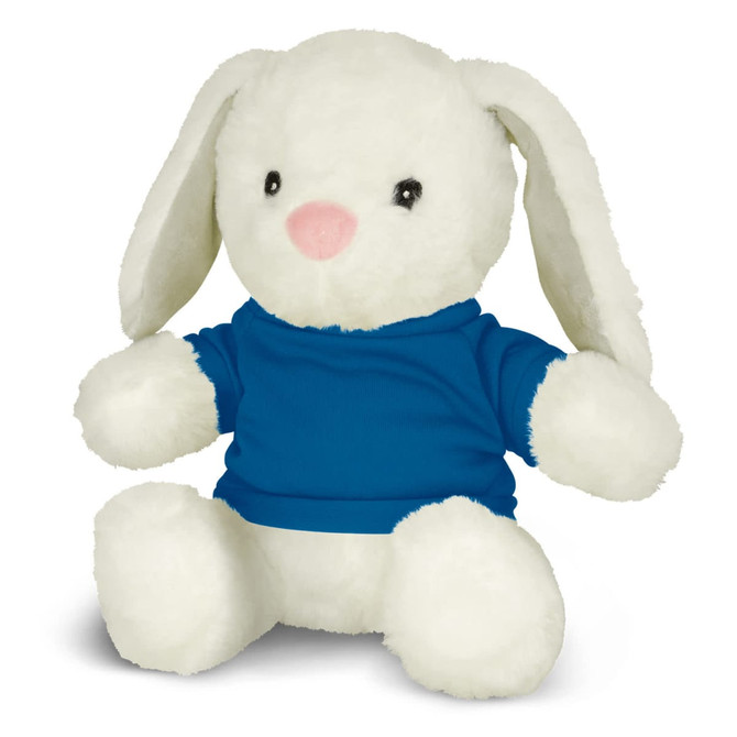 A white plush rabbit wearing a blue shirt, sitting with its arms outstretched, featuring a small pink nose and black eyes.
