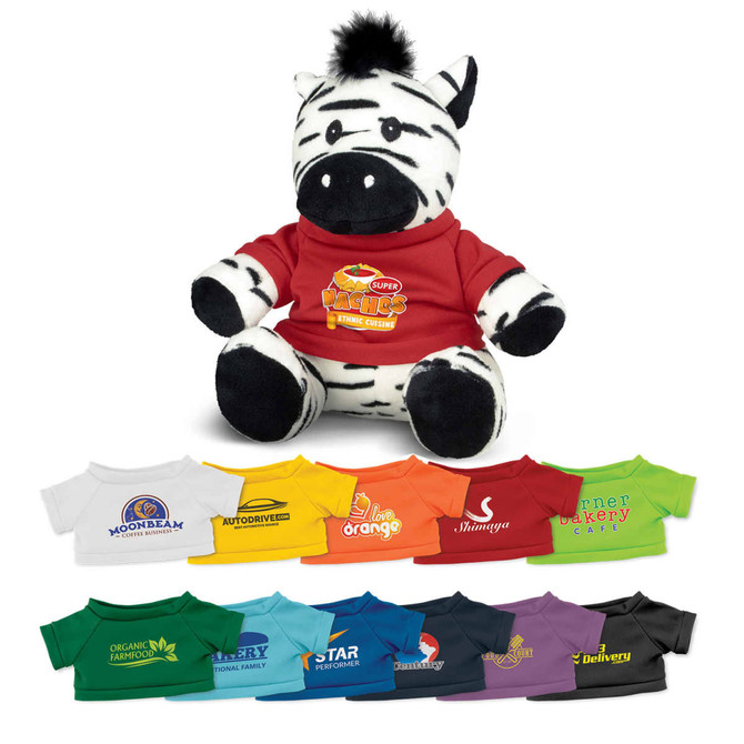 A zebra plush toy wearing a red T-shirt, with various coloured shirts displayed beneath it. It has a cute black mane.