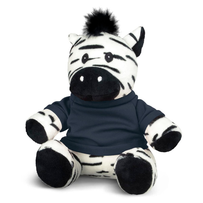 A plush zebra toy with black and white stripes, wearing a dark blue shirt. Features a fluffy black tuft on its head.