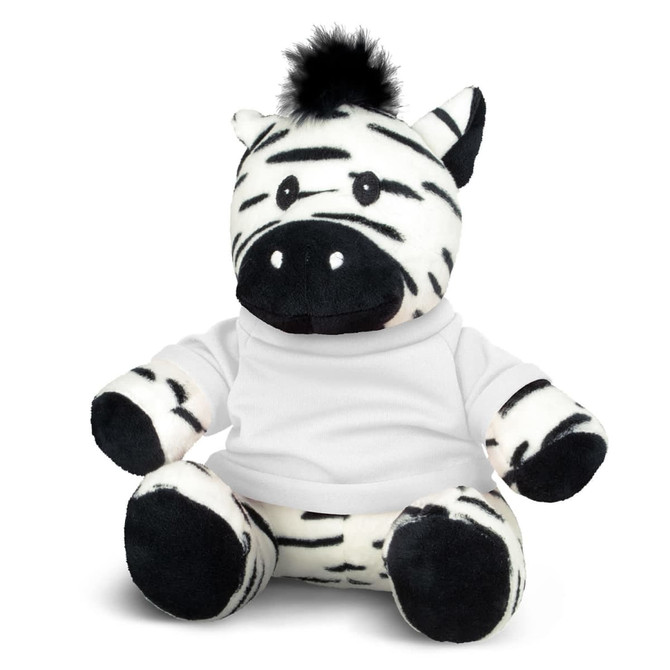 A plush zebra toy with black and white stripes, wearing a white shirt and featuring a tuft of fur on its head.