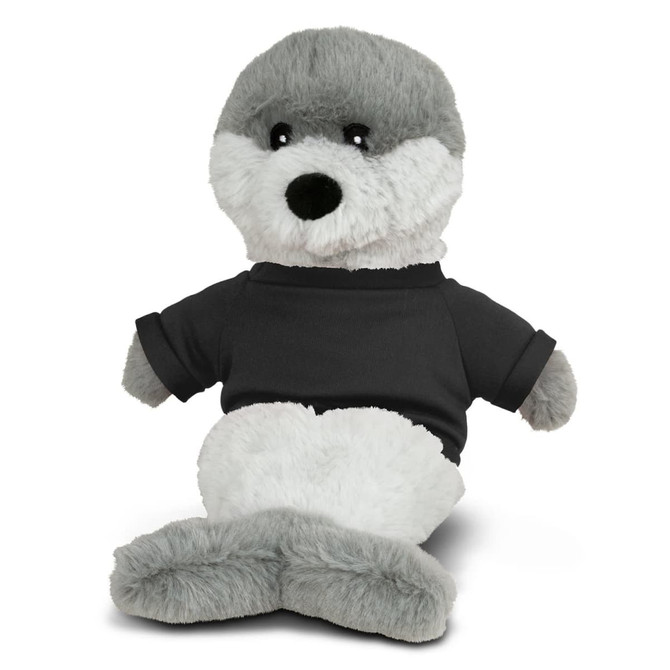 A grey and white seal plush toy wearing a black shirt, featuring soft fur and a smiling face.