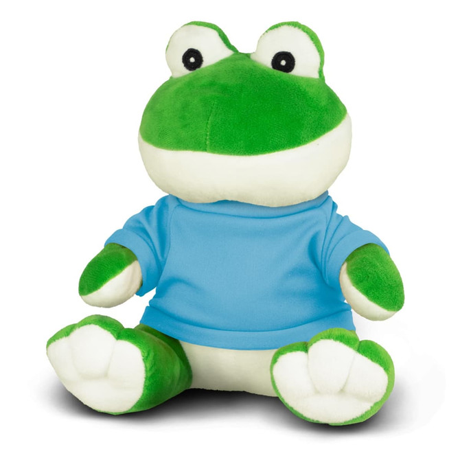 A green frog plush toy wearing a blue shirt, featuring large eyes and a soft, plush body.