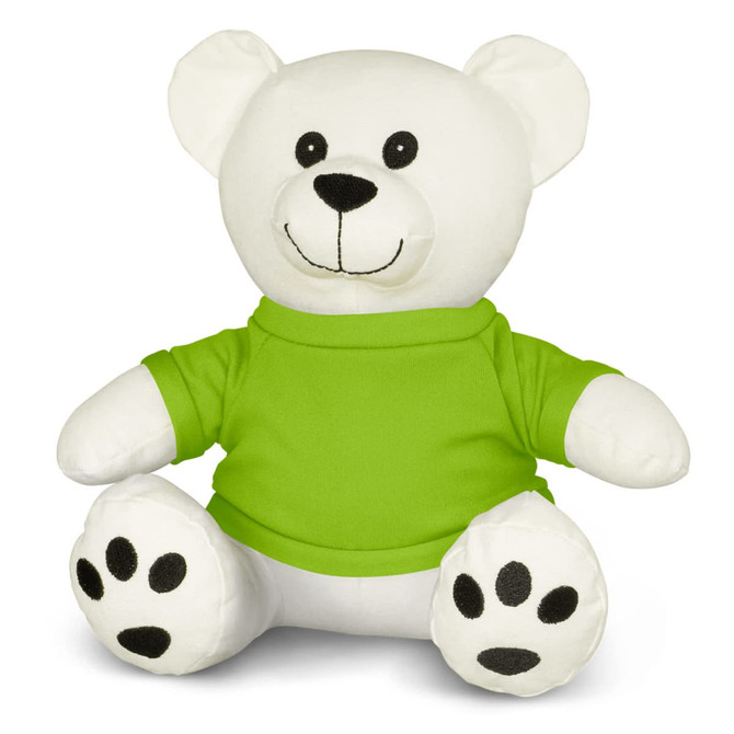 A plush toy of a white bear with black accents, wearing a bright green shirt.