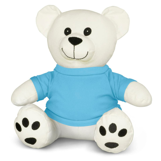 A white plush bear toy with a blue shirt and black paw prints, featuring a cheerful smiling face.