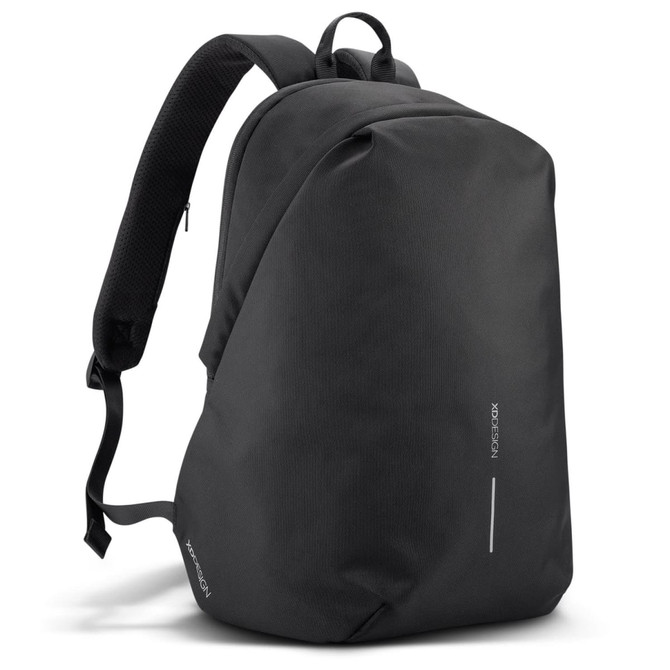 A black soft backpack with padded straps and a logo, featuring a sleek, minimalist design.