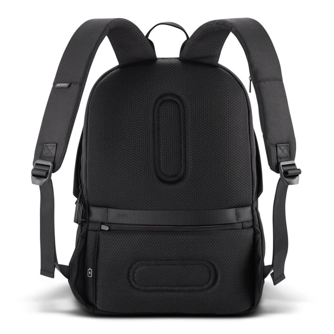 A black soft backpack with padded straps and a textured back panel, featuring a logo on the front.
