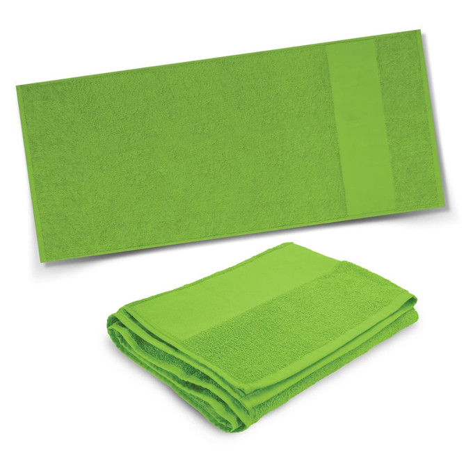 A bright green Marina Terry Towel displayed flat and folded, featuring a simple design and a logo.