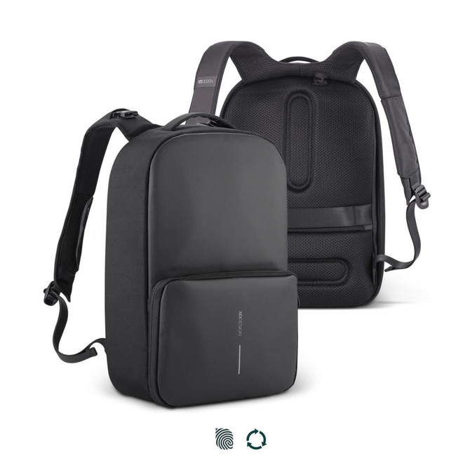 A black gym bag with padded straps and a front pocket, featuring a sleek, minimalist design and a logo.