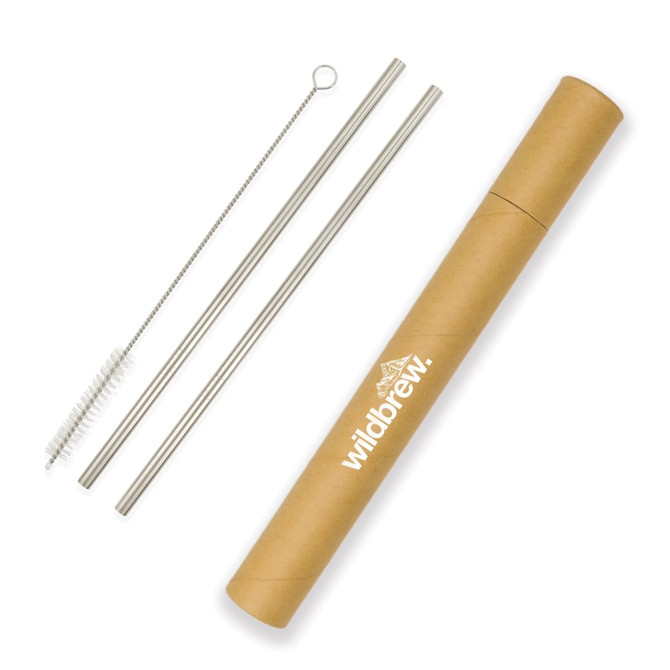 A set of stainless steel drinking straws in a cylindrical paper case, with a cleaning brush included.