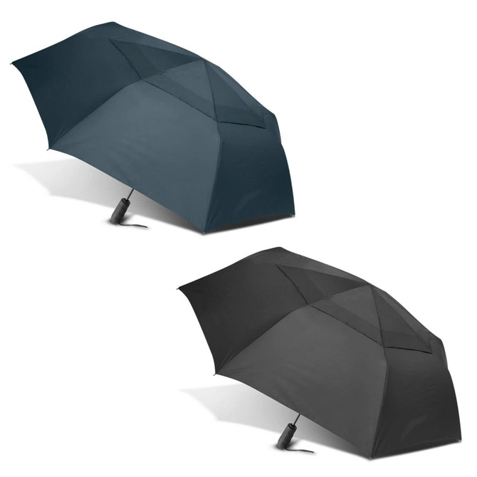 A dark blue and black umbrella side by side, featuring a sleek design and a handle with a logo.