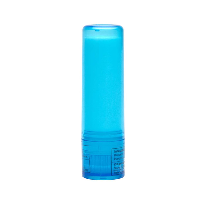 A blue lip balm stick with a translucent casing and a base that features text and a logo.