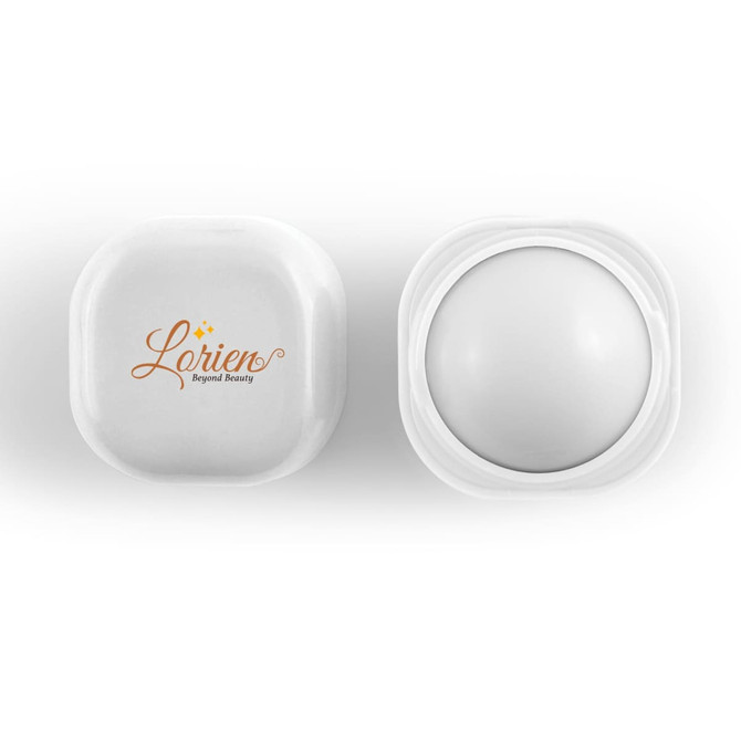 A white cube lip balm container with a sleek design and a logo on the top. The balm is round and smooth inside.