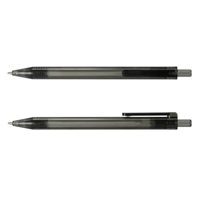 A grey RPET pen with a transparent barrel and a black clip, featuring a logo on the side.