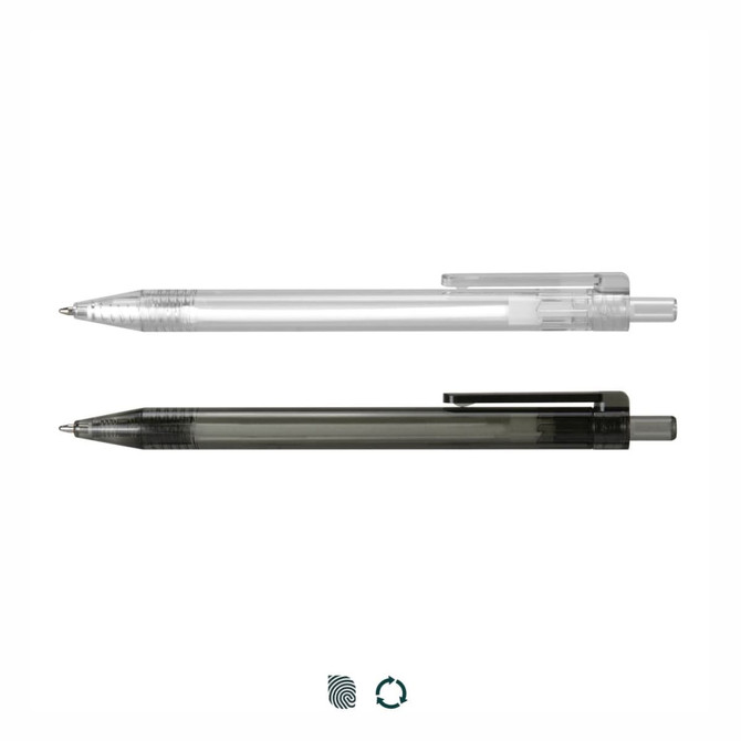 Two RPET pens, one clear and one black, featuring a clip and a branding logo. Both are made from recycled materials.