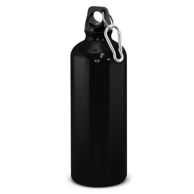 A drink bottle in matte black, featuring a carabiner clip for easy attachment and a sleek design.