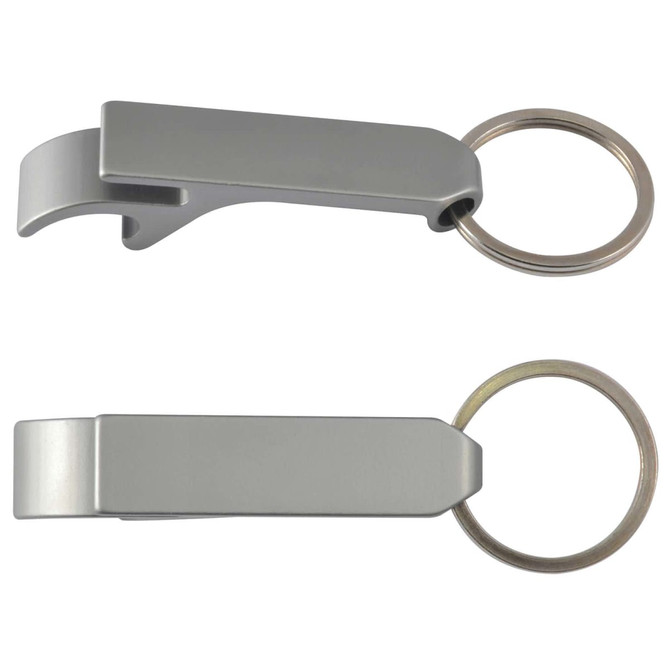 A drink bottle opener keytag in silver, featuring a sleek design with a keyring attachment.