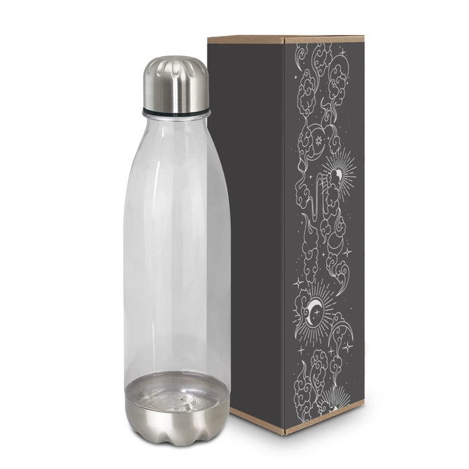 A drink bottle with a transparent body and a silver metallic lid, displayed beside a detailed black box.
