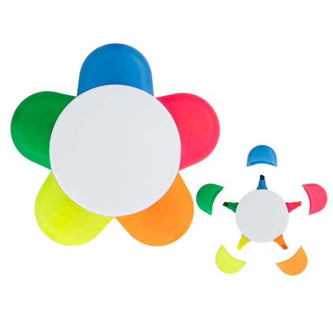A flower-shaped highlighter set featuring pink, blue, green, yellow, and orange sections, with a central white area.