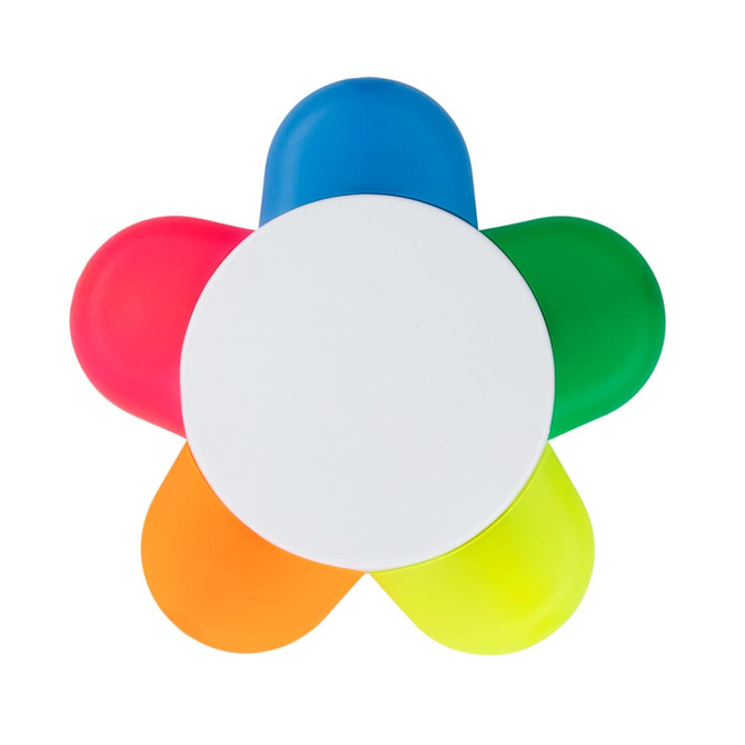 A flower-shaped highlighter with blue, green, orange, and pink petals and a white centre. It has a logo on the surface.