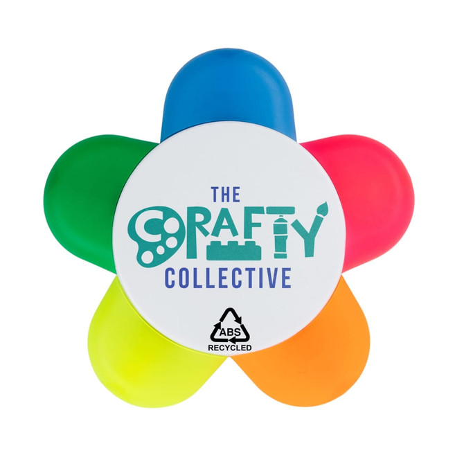 A flower-shaped highlighter with pink, blue, green, and orange sections, featuring a logo in the centre.