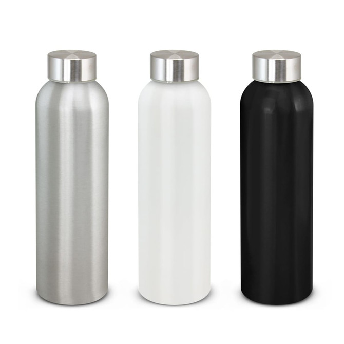 A drink bottle in silver, white, and black with a stainless steel cap and a logo on the side.