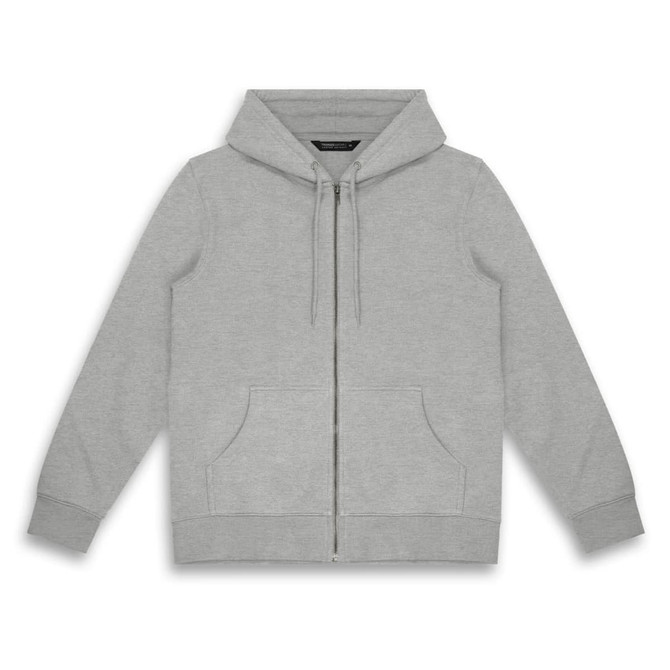 A grey unisex hoodie with a front zipper, pockets, and a drawstring hood, featuring a logo on the label.