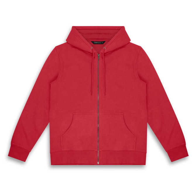 A red unisex hoodie with a zip-up front, featuring a hood and front pockets, includes branding.