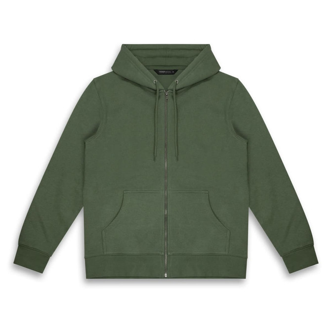 A green unisex hoodie with a zip front, adjustable drawstrings, and front pockets. It features a logo.