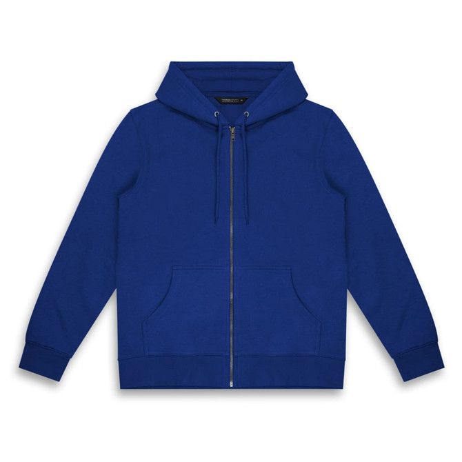 A blue unisex hoodie with a zip front, long sleeves, and a hood, featuring a logo on the chest.
