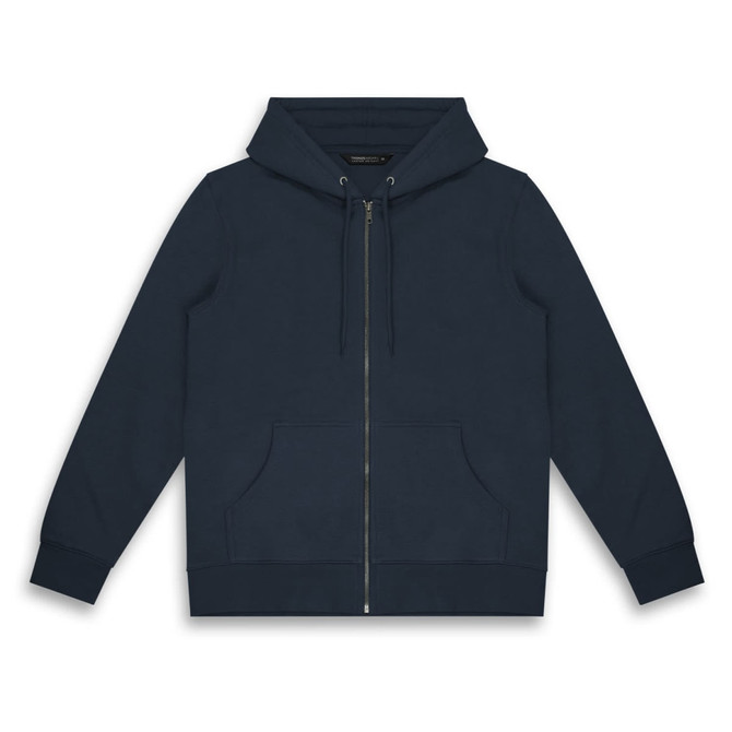 A navy unisex hoodie featuring a front zip, drawstring hood, and pockets. It includes a logo on the garment.
