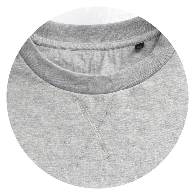 A light grey unisex sweatshirt with a contrasting grey neckline and visible stitching details. Features a logo tag inside.