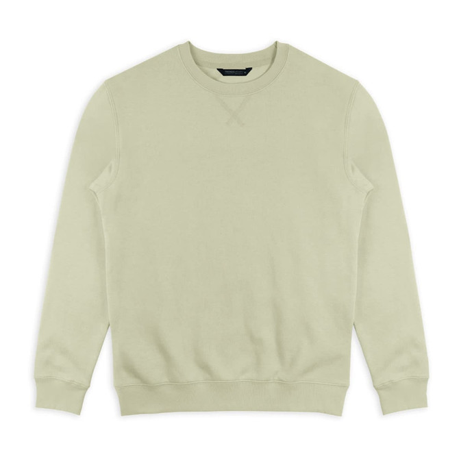 A light green unisex sweatshirt with a crew neckline and ribbed cuffs, featuring a logo on the tag.