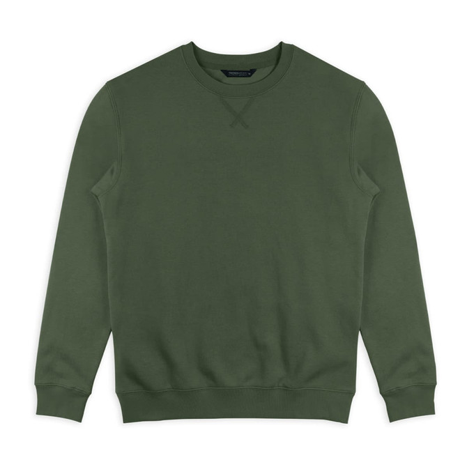 A classic unisex sweatshirt in a deep olive green colour, featuring a crew neckline and ribbed cuffs.