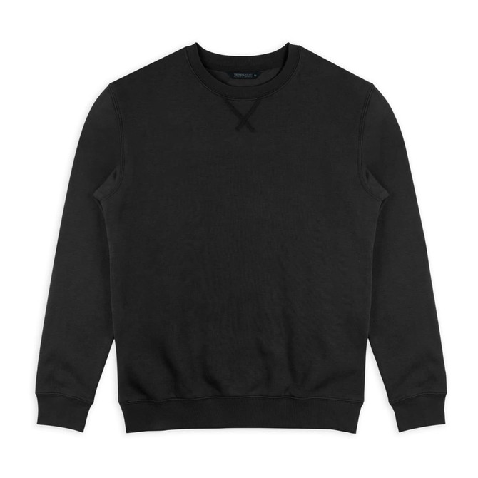 A black unisex sweatshirt with a crew neck and ribbed cuffs, featuring a logo on the front.