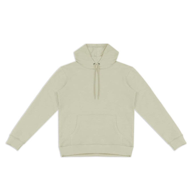 A light beige unisex hoodie with a front pocket and drawstring hood. It features a logo on the chest.