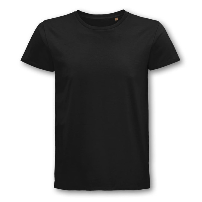 A black organic cotton t-shirt for men with a simple design and a small logo.