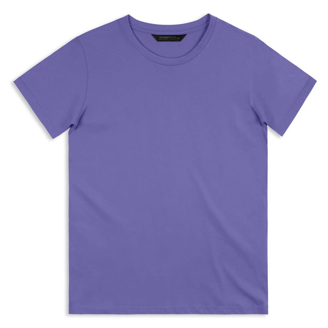A plain purple men's t-shirt with a round neck, featuring a branding logo.
