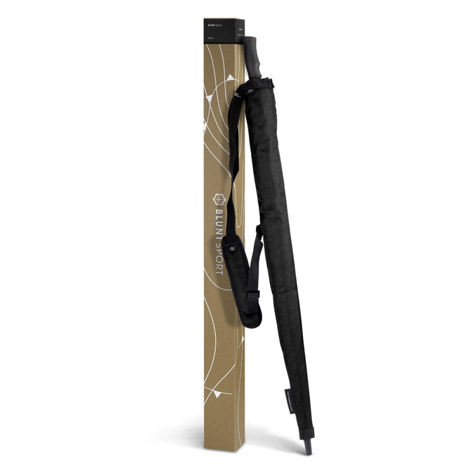 A black sports umbrella in a brown packaging box, featuring a handle and a logo.