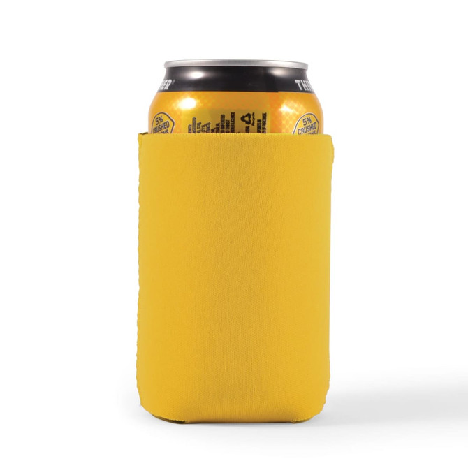 A yellow stubby cooler holding a can, with a simple design and a logo on the front.