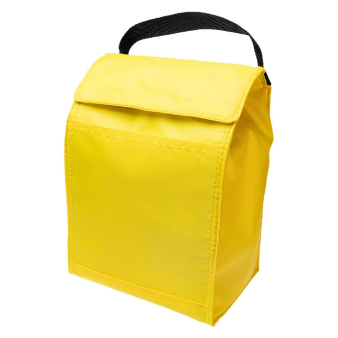 A yellow lunch bag with a foldover top and a black handle, featuring a branding logo.