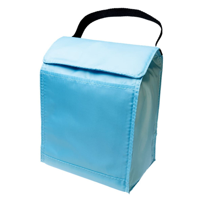 A blue lunch bag with a flap closure, featuring a black handle and a simple rectangular shape.