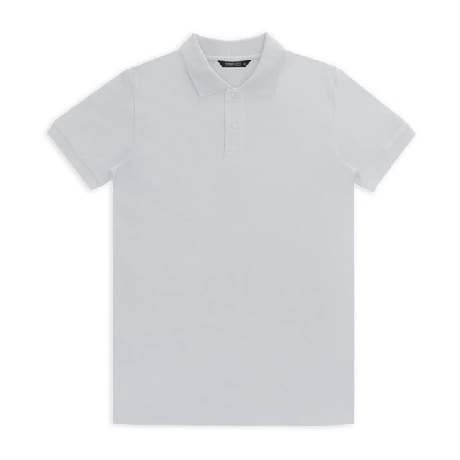 A plain white polo shirt with a collar and a logo on the chest, featuring a classic fit.
