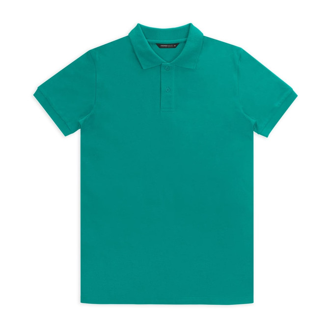 A turquoise polo shirt featuring a classic collar and short sleeves, with a subtle logo on the chest.