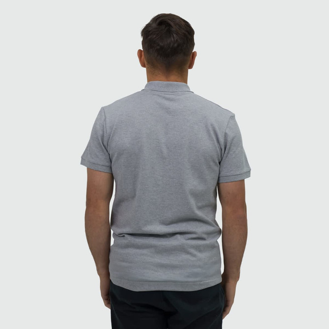 A grey men's polo shirt viewed from the back, featuring short sleeves and a collar. It has a logo on the chest.